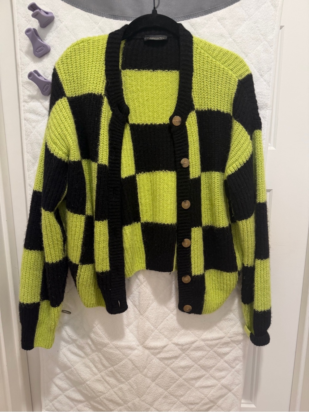STINE GOYA Black & Neon Green Checkerboard Knit Cardigan